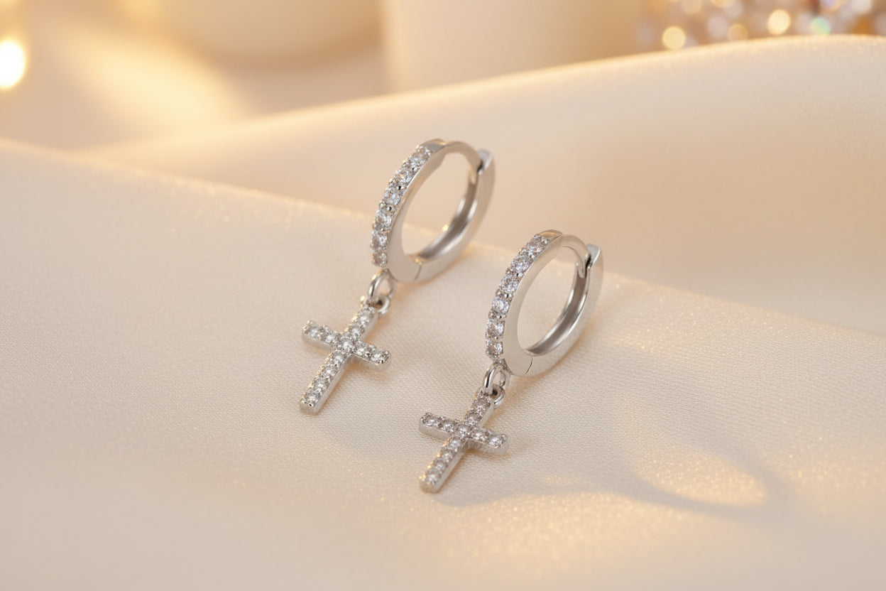 Radiant Devotion Cross Hoops  (Silver & Gold)