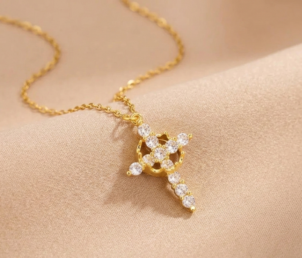 Crown Cross Necklace  (Silver & Gold)