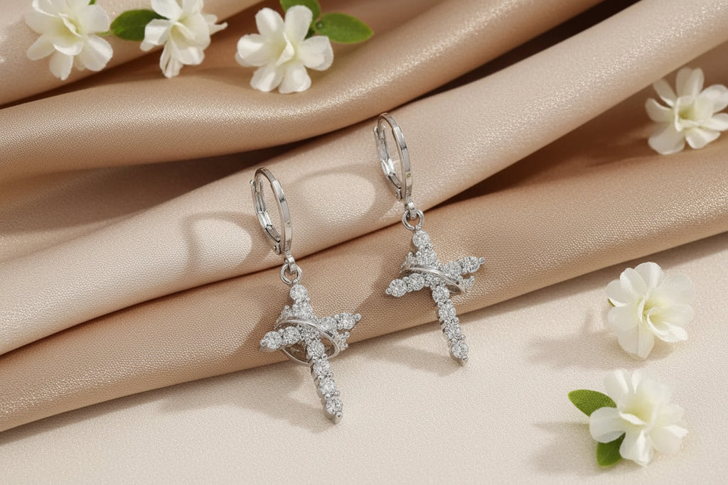 Grace Crowned Cross Earrings  (Silver & Gold)