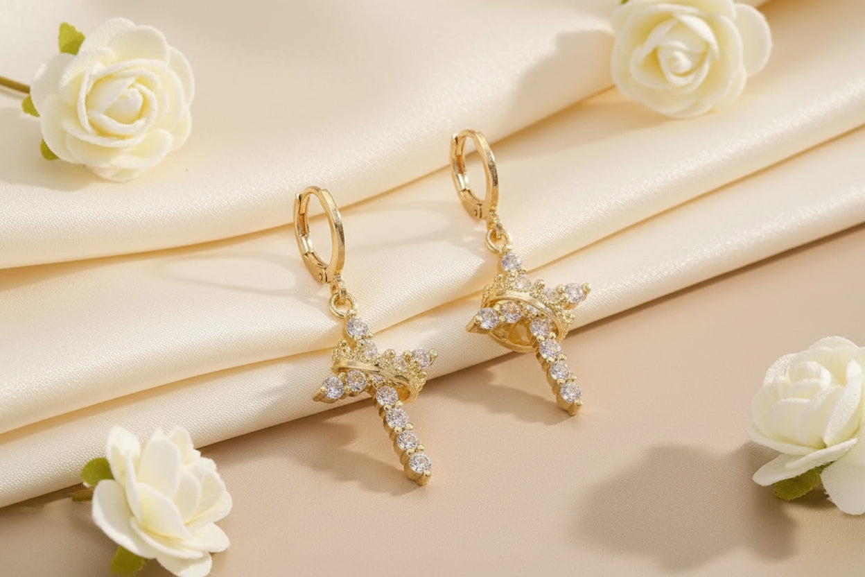 Grace Crowned Cross Earrings  (Silver & Gold)